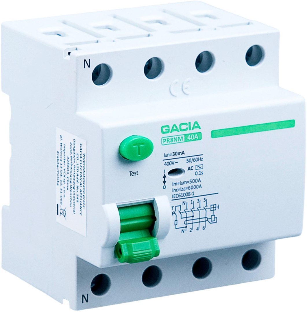 GACIA Wyłącznik różnicowoprądowy 40A, 30mA, 4P, typ A  PR8NM 4P 40A 30MA A
