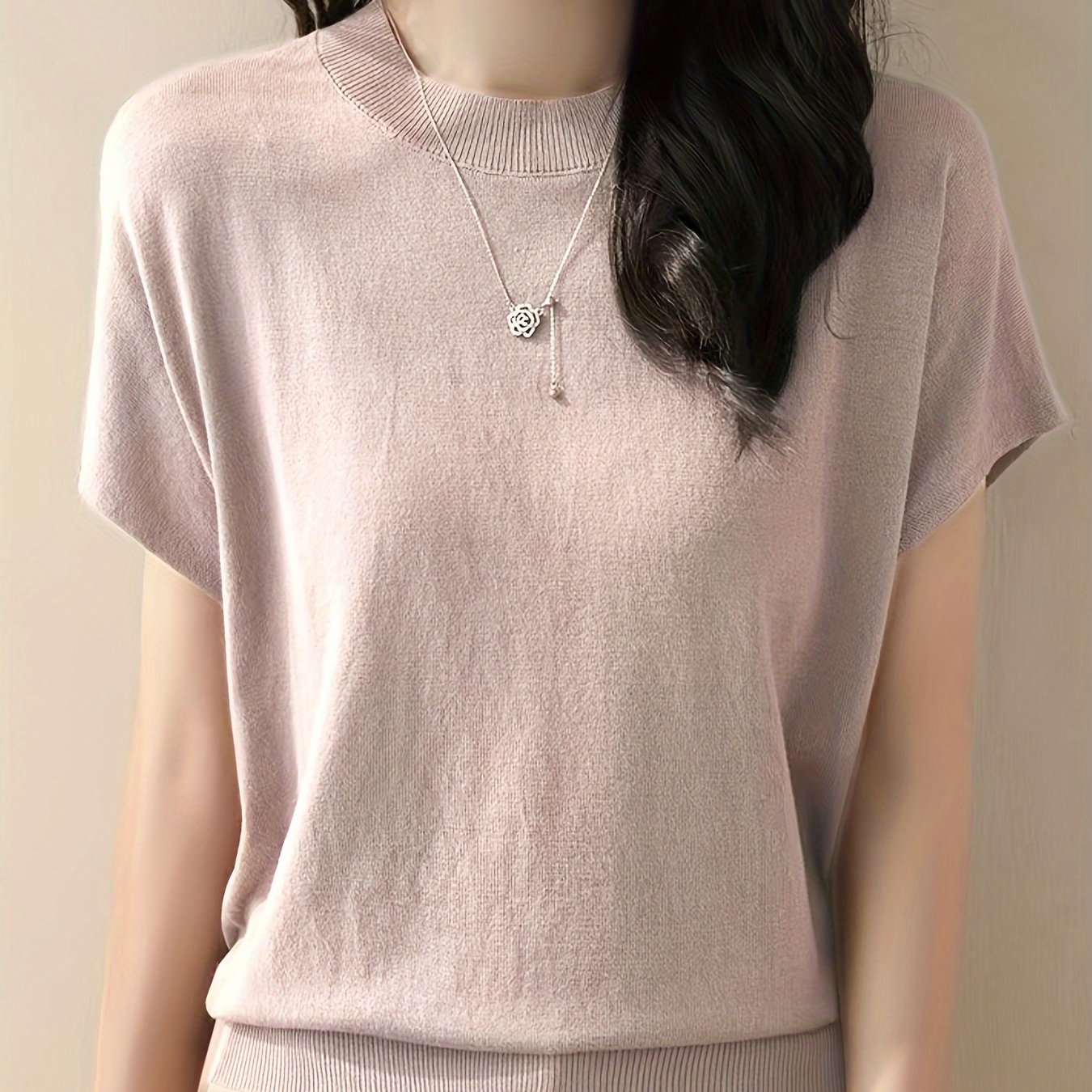 TEMU Kobieca Casualowa Dzianinowa Koszulka - Jednolity , Wysoka Elastyczność Wiskozy, Okrągły Dekolt, Krótki Rękaw, Szczegół w Żebrowanie