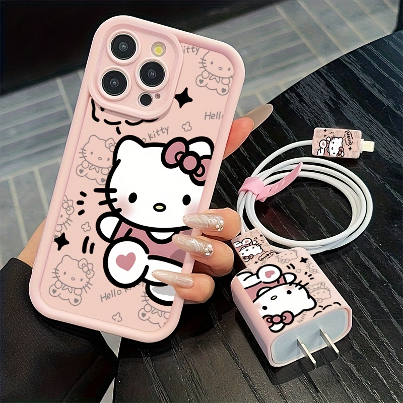 TEMU Etui na telefon: Sanrio, zestaw 5 szt., w tym 1 różowe etui + 1 ochrona na ładowarkę + 1 opaska na kabel + 2 ochrony na kable. Kompatybilne z