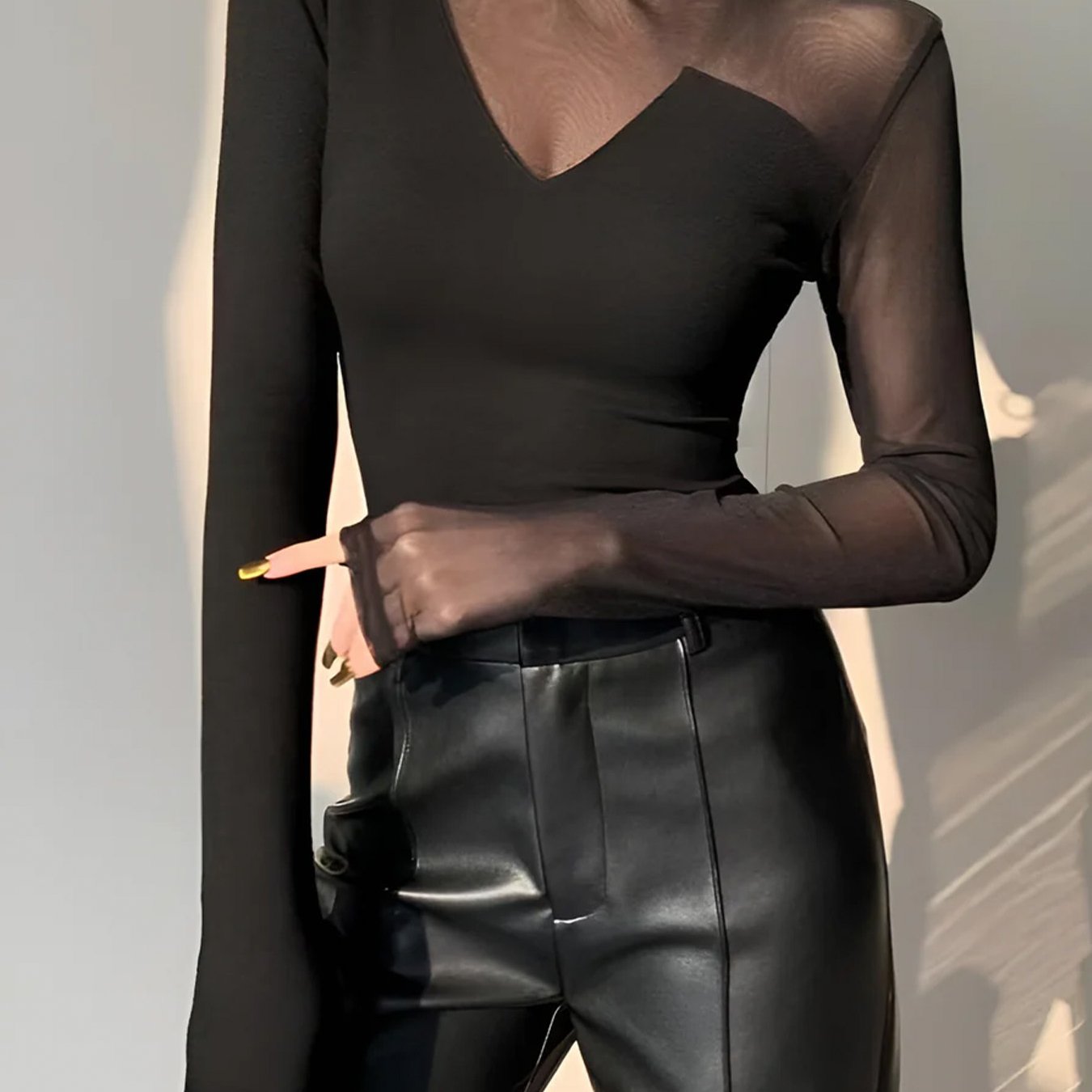 TEMU jesienna damska koszulka z długim rękawem z siateczkowym, przezroczystym warstwowym