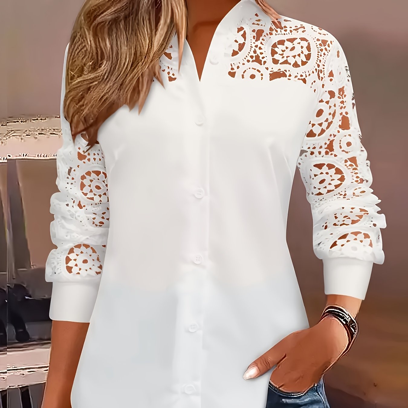 TEMU Stylowa bluzka damska w jednolitym kolorze z długim rękawem na wiosnę i jesień, z elegancką koronkową ozdobą i detalami z guzikami