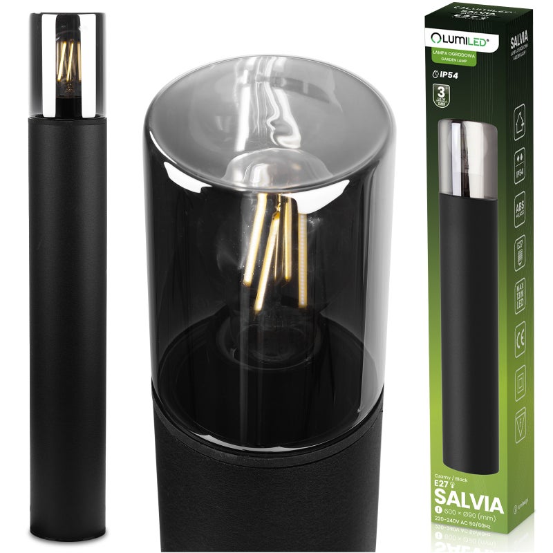Lampa Ogrodowa Lumiled Stojąca Zewnętrzna Słupek E27 Czarna Szkło IP54 60 cm 1 szt.
