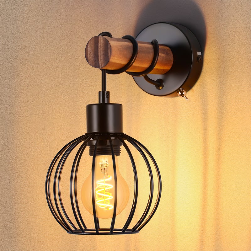 NETTLIFE Kinkiet do salonu w stylu vintage z drewna: kinkiet z włącznikiem, czarne oświetlenie ścienne o industrialnym designie E27