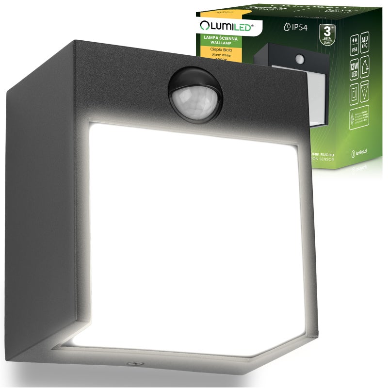 Lampa Ogrodowa Lumiled Ścienna LED Kinkiet Elewacyjny Zewnętrzny PIR IP54 12W 3000K Ciepła biel 1 szt.