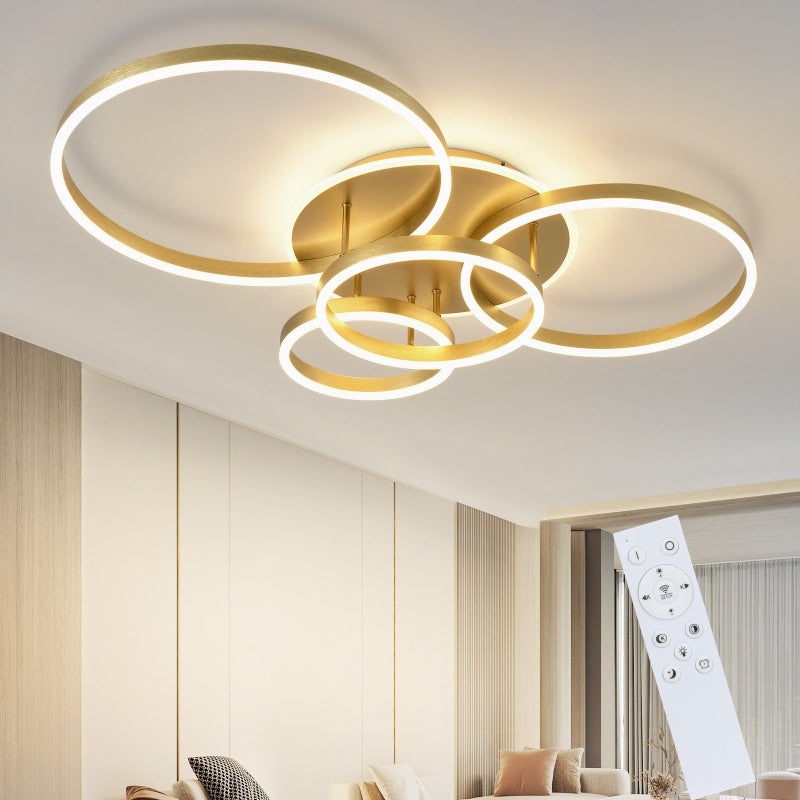 NETTLIFE Lampa sufitowa LED do salonu Złota, Ściemnialna, Nowoczesny Design 61 cm, z Pilotem 50 W