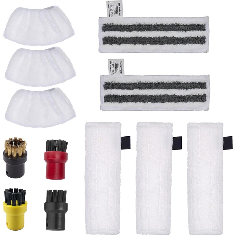 Opakowanie 12 wymiennych nakładek do mopa parowego, kompatybilnych z parownicami Karcher SC, ściereczkami z mikrofibry i okrągłymi szczotkami.