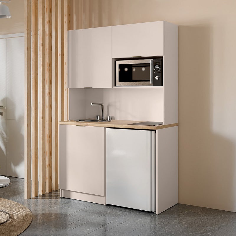 Mebel wielofunkcyjny z aneksem kuchennym i pralnią - Z blatem roboczym 120 cm - Beżowy i naturalny - CARMEO