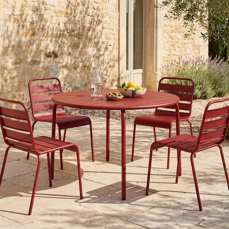 Metalowy zestaw jadalniany do ogrodu – stół o średnicy 110 cm i 4 krzesła sztaplowane – czerwony – MIRMANDE od MYLIA