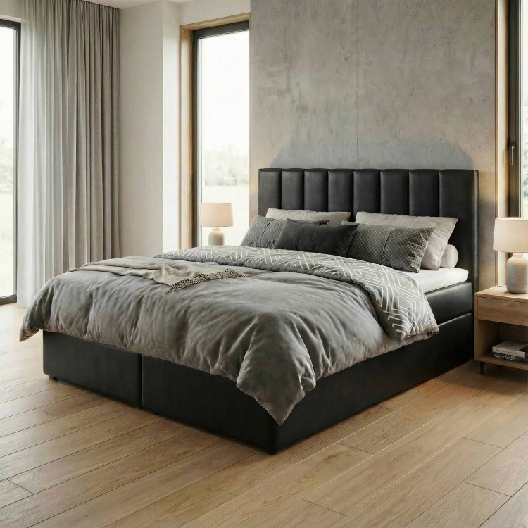 Łóżko kontynentalne 160x200 SONNO BELLO z 2 pojemnikami czarne eko skóra