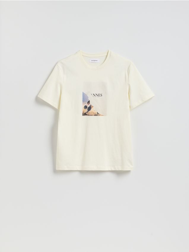 Reserved - T-shirt regular z bawełny merceryzowanej - złamana biel