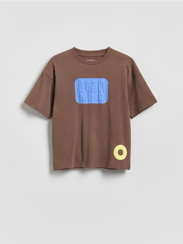 Reserved - Bawełniany t-shirt z nadrukiem - ciemnobrązowy