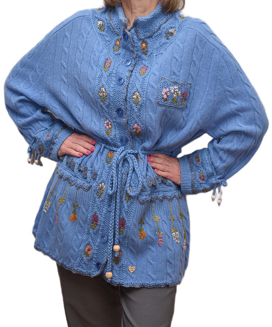 Niebieski kardigan haftowany ręcznie, rozmiar XL/XXL