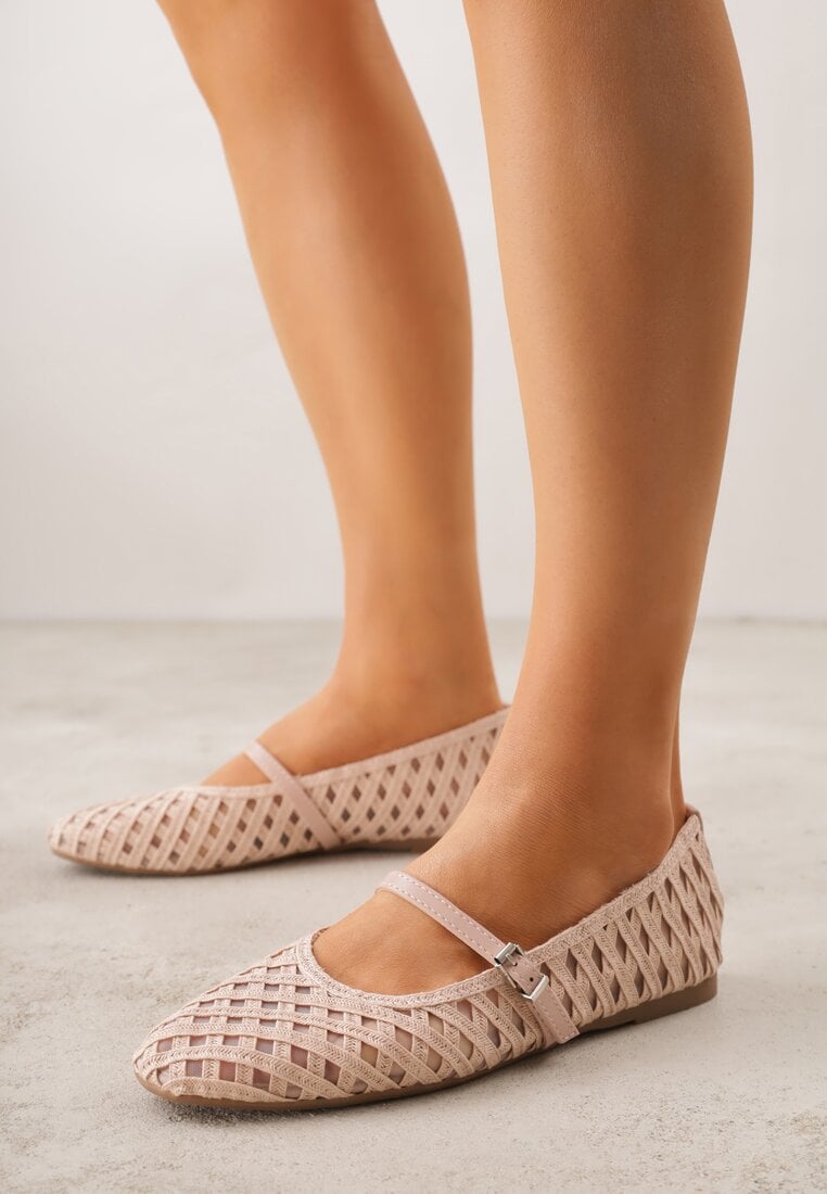 Różowe Balerinki z Ażurowym Wzorem i Paskiem Astethera