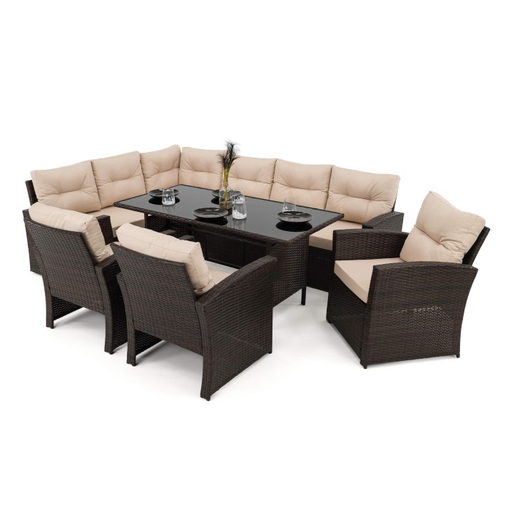 Zestaw mebli ogrodowych dla 9 osób KRETA Technorattan Brązowy Poduszki beż 01
