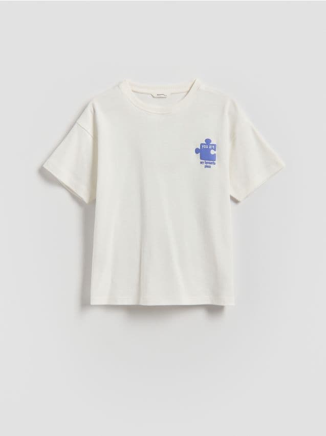 Reserved - T-shirt z nadrukiem na plecach - złamana biel