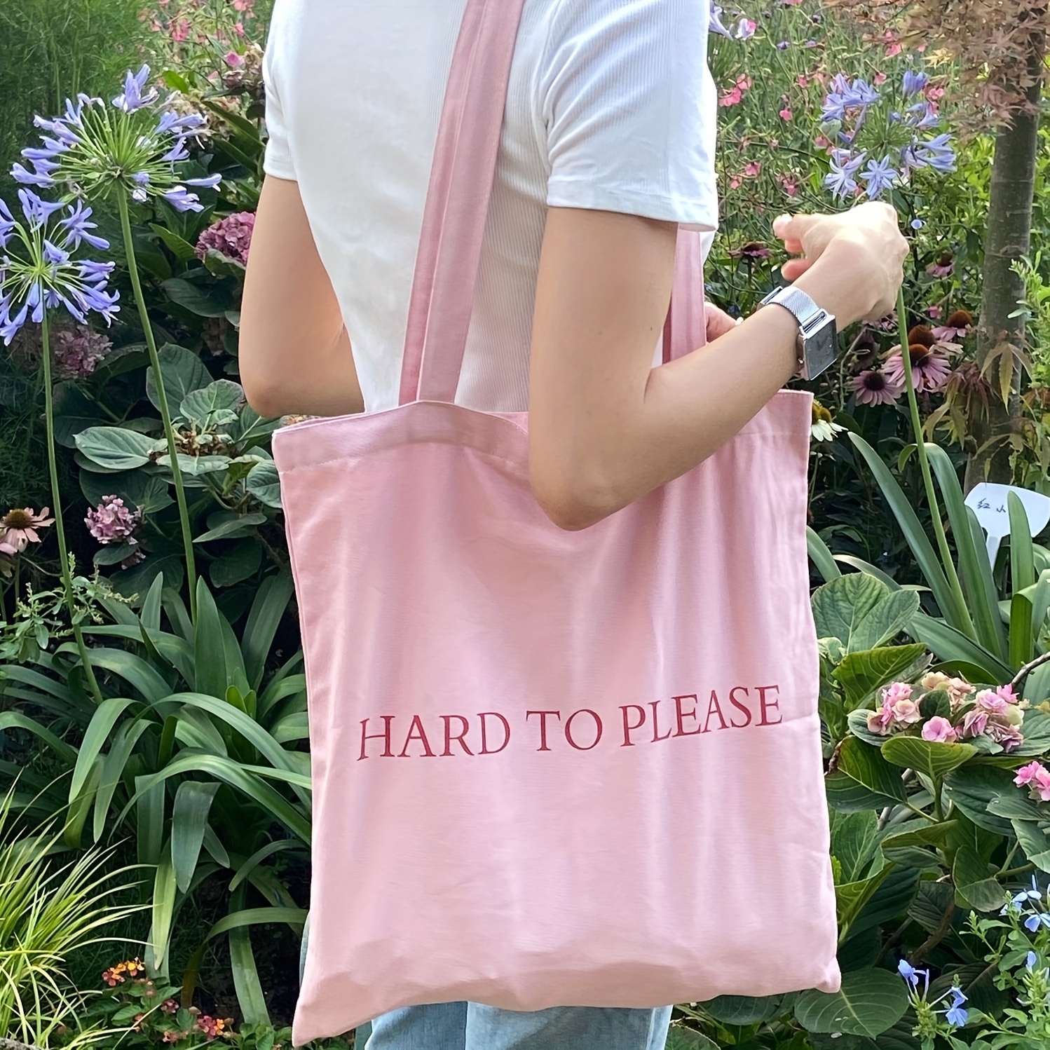 TEMU 1 szt. Różowa torebka na płótnie z nadrukiem „ Peaie” - Duża pojemność, zamek błyskawiczny, codzienna torebka na ramię dla kobiet, idealna do