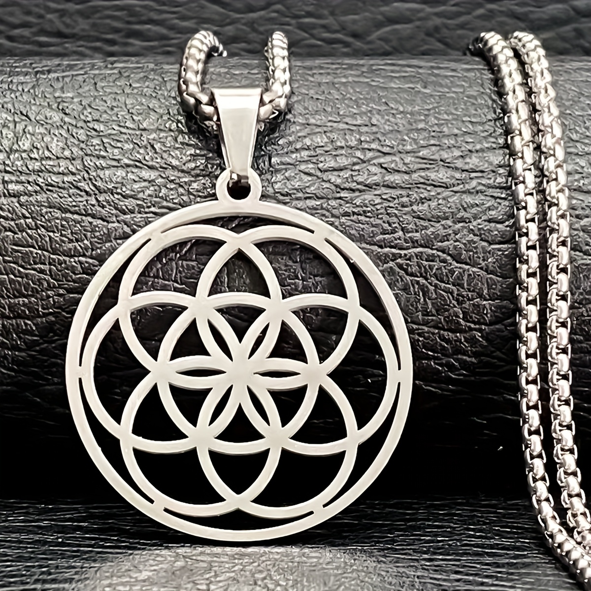 TEMU Minimalistyczny, ażurowy, okrągły pierścionek z zawieszką dla kobiet, z motywem Kwiatu Życia, święta geometryczna naszyjnik z łańcuszkiem na