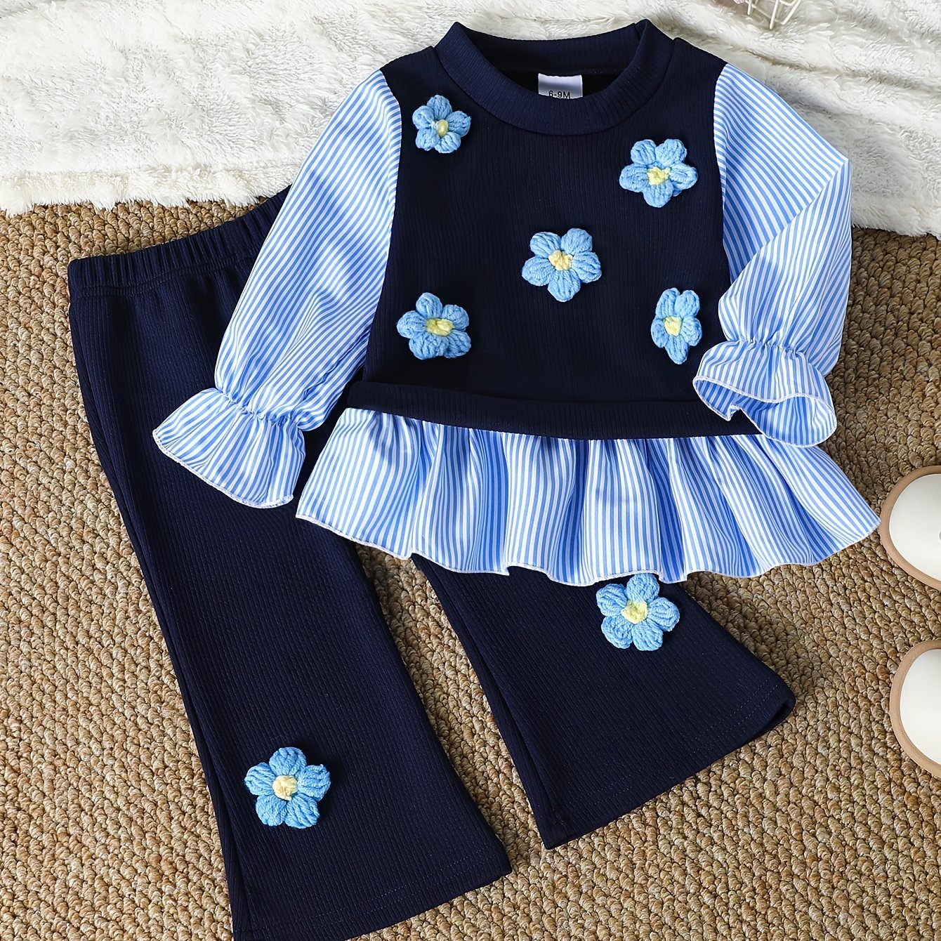 TEMU 2 szt. Uroczy dla Dziewczynek: Niebieska Bluzka z Długim Rękawem w Paski i Kwiatowym Wzorem + Niebieskie Spodnie Dresowe, Zestaw 2w1, Idealny na