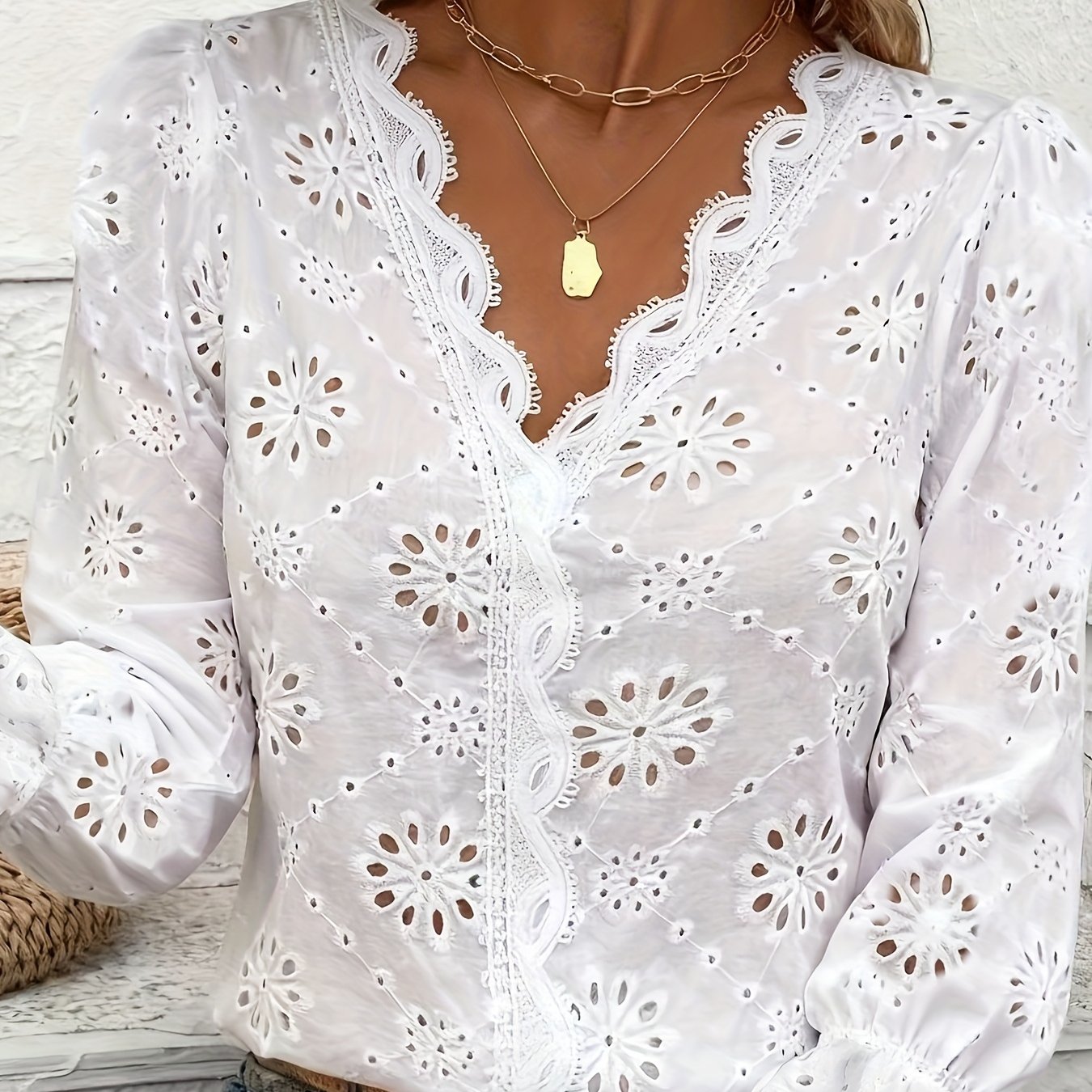 TEMU Francuska Koszula w Stylu Vintage z Białą Haftowaną Koronką, Dekoltem V, Falbankami i Długim Rękawem Elegancki Pulower w Stylu Wakacyjnym dla