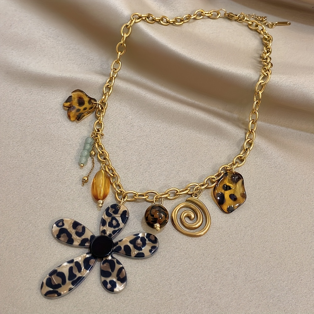 TEMU Ten stylowy i elastyczny nowy naszyjnik ze stali nierdzewnej z motywem kwiatów w panterkę idealnie nadaje się zarówno dla kobiet, jak i mężczyzn