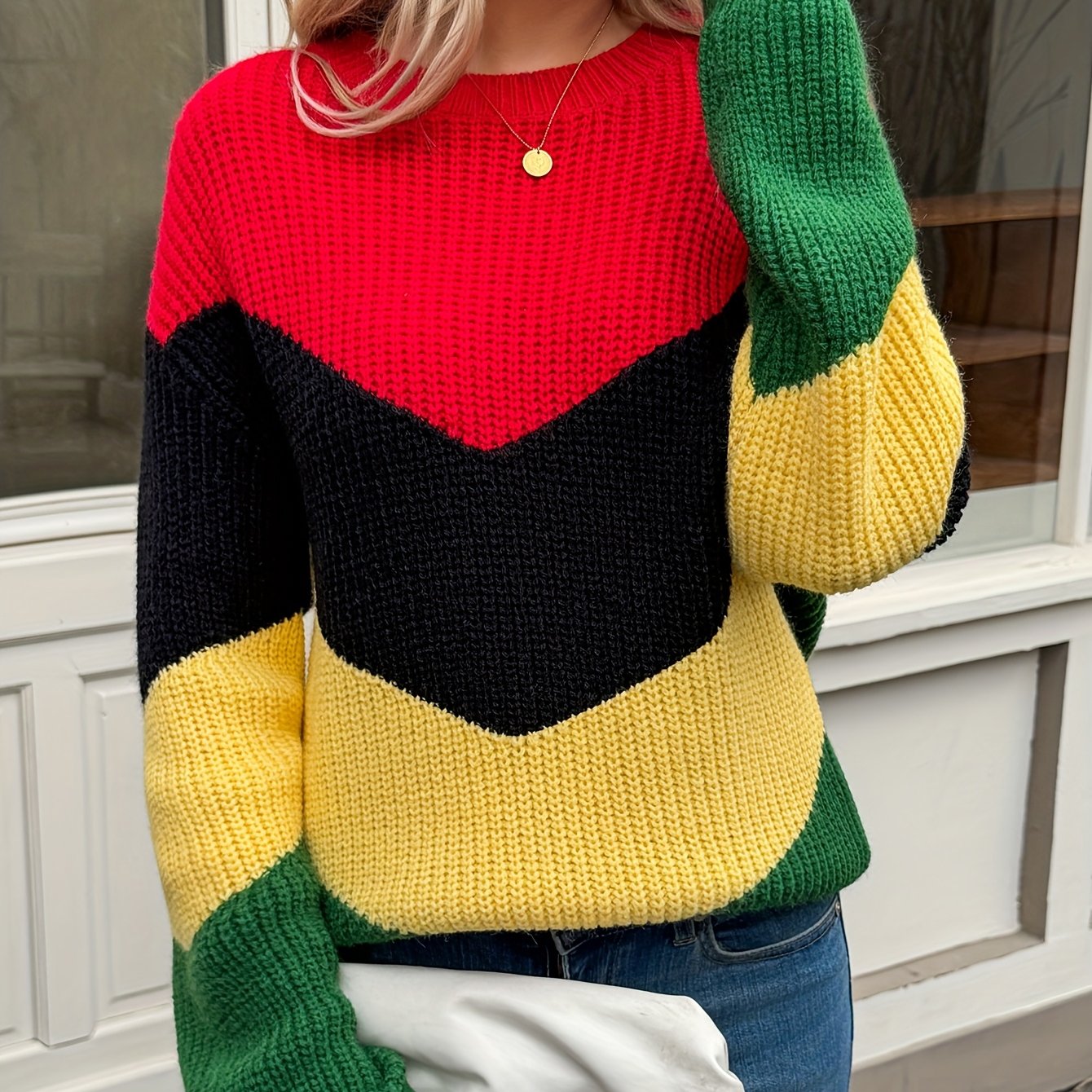 TEMU Sweter z Wysoką Elastycznością w Kształcie Litery V z Blokami Kolorów – Przytulny Sweter z Okrągłym Dekoltem na Jesień/Zimę, Casualowe Ciepłe