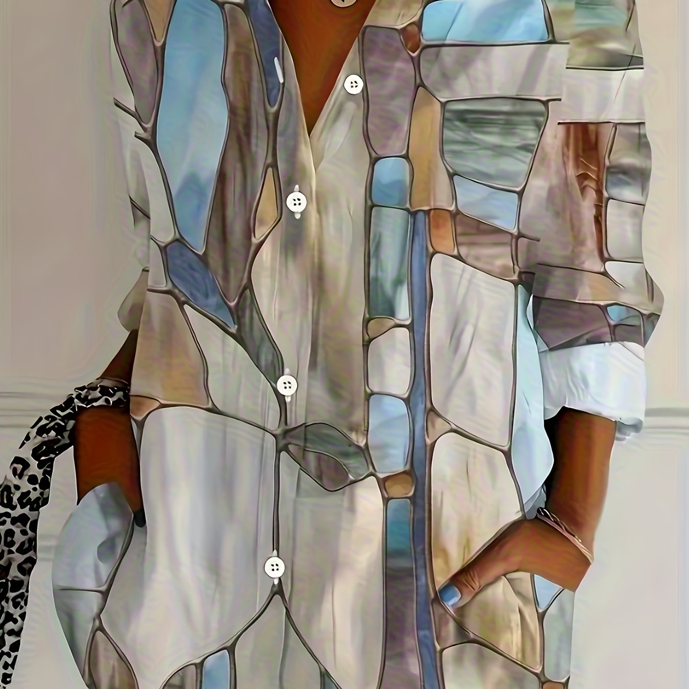 TEMU Elegancka Specjalna Edycja Damska Koszula z Nadrukiem - Długi Rękaw, Guziki, Kołnierz, Średnia Elastyczność, Nadaje się do Prania w Praniu