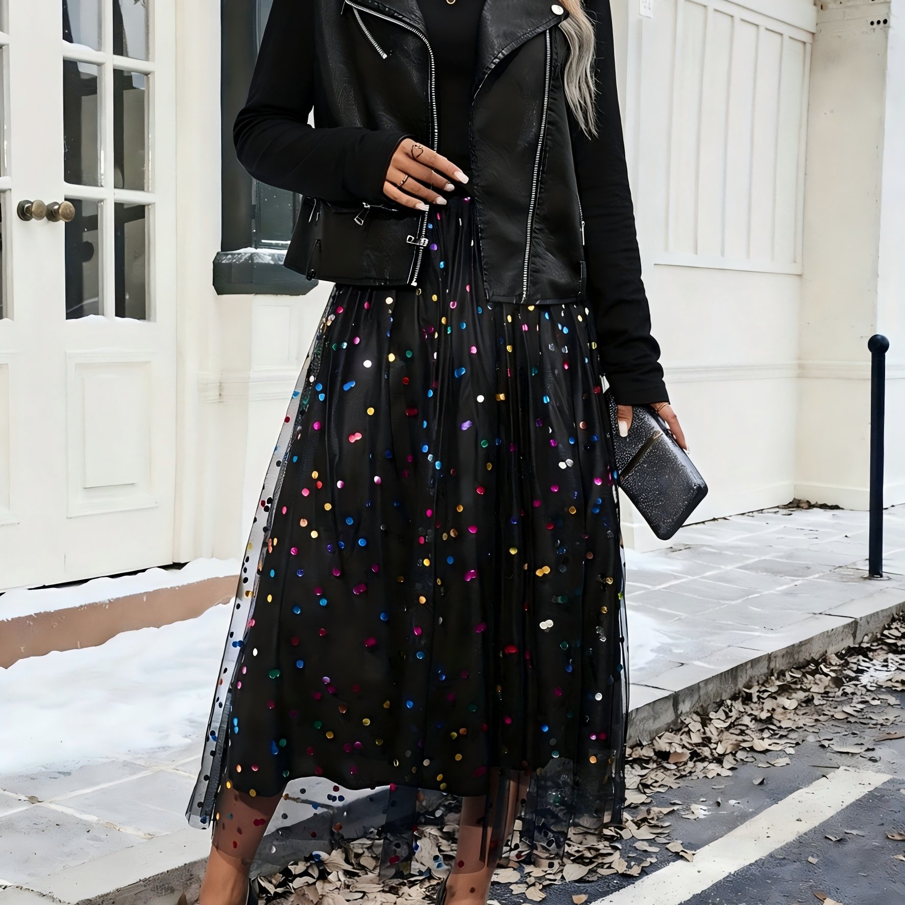 TEMU Elegancka Kolorowa Spódnica z Cekinów i Siatki, Wysoko Wiązana Plisowana Midi Sukienka, Przezroczysta Sukienka A-Line w Stylu Wróżki