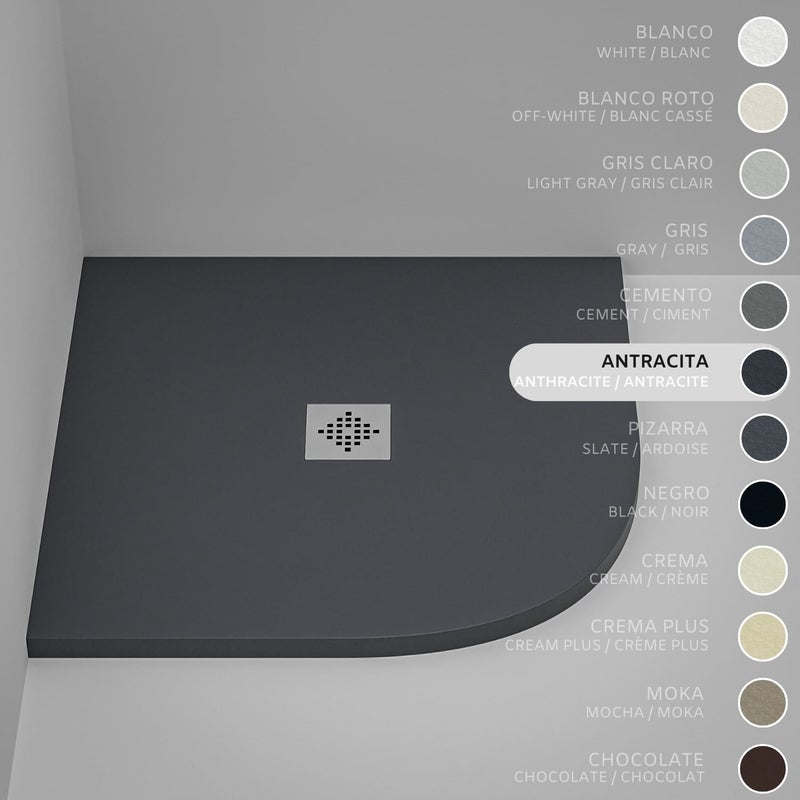 Brodzik półokrągły SOULHOME Żywica i Konglomerat Mineralny Antypoślizgowy 90x90 cm Antracyt - Kratka Inox