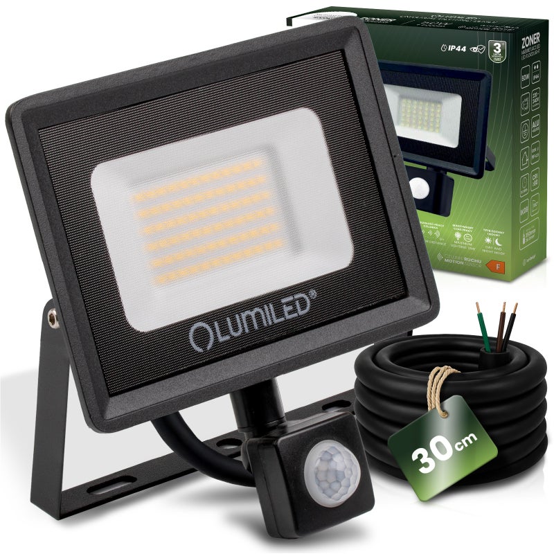 Naświetlacz LED Lumiled 50W 5000LM 4000K Neutralna biel IP44 Czarny Czujnik Ruchu 1 szt.