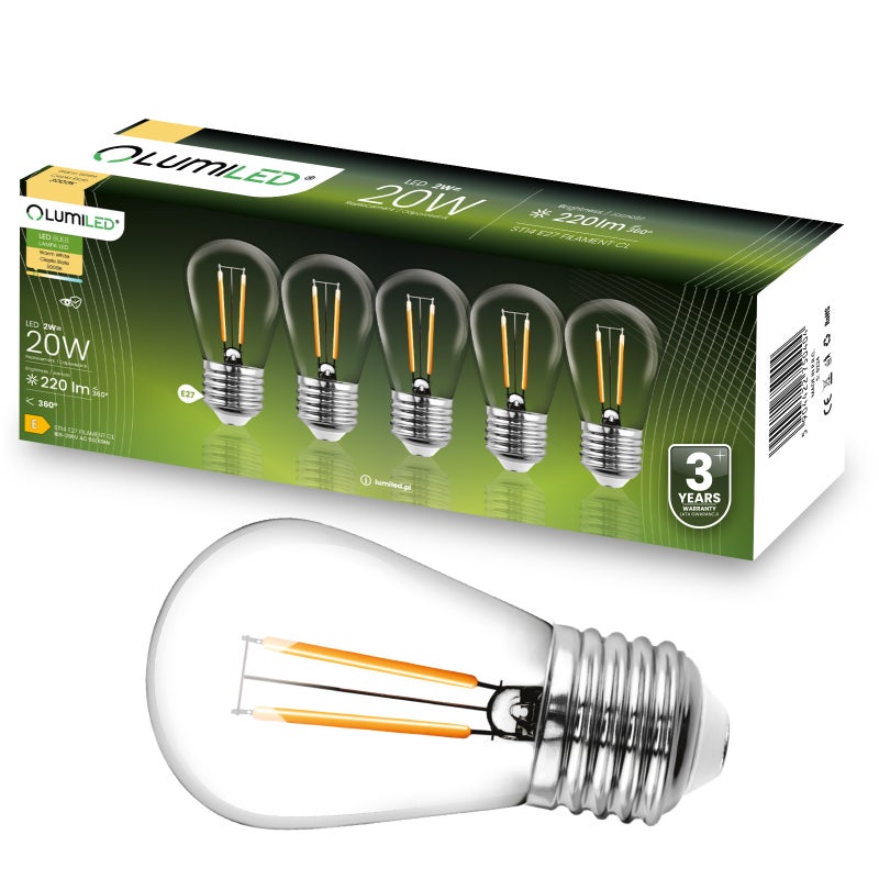 Żarówka LED Lumiled E27 Edison ST14 2W 220lm 3000K Ciepła biel 360st Filament 5 szt.