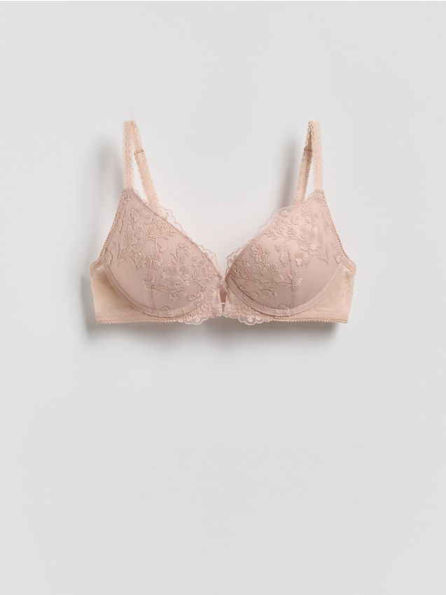Reserved - Biustonosz push up z haftem - brudny róż