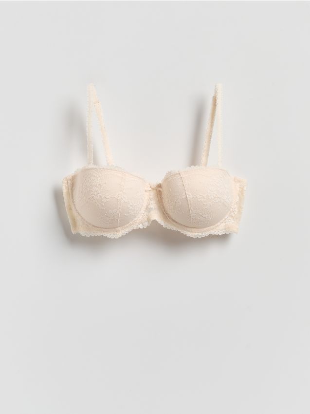 Reserved - Koronkowy biustonosz push up - złamana biel