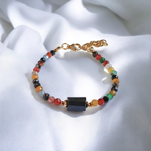 Czarny turmalin i agat jesienny : bransoletka z regulacją