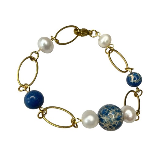 Pozłacana bransoletka z jaspisami w otoczeniu pereł