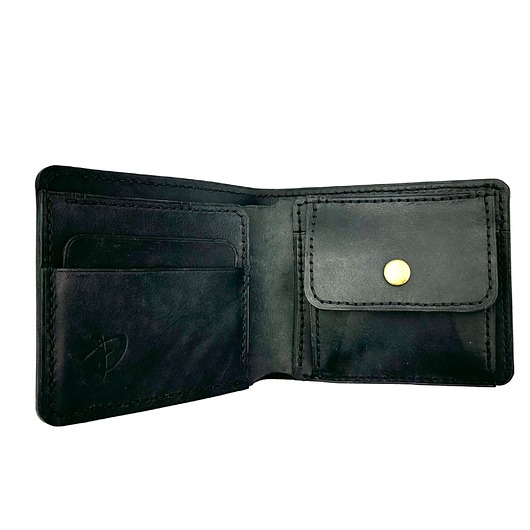 Czarny portfel skórzany na bilon ręcznie uszyty.