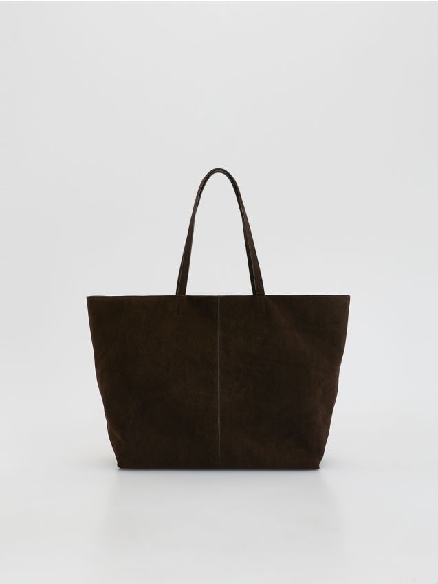 Reserved - Torebka shopper z imitacji zamszu - ciemnobrązowy