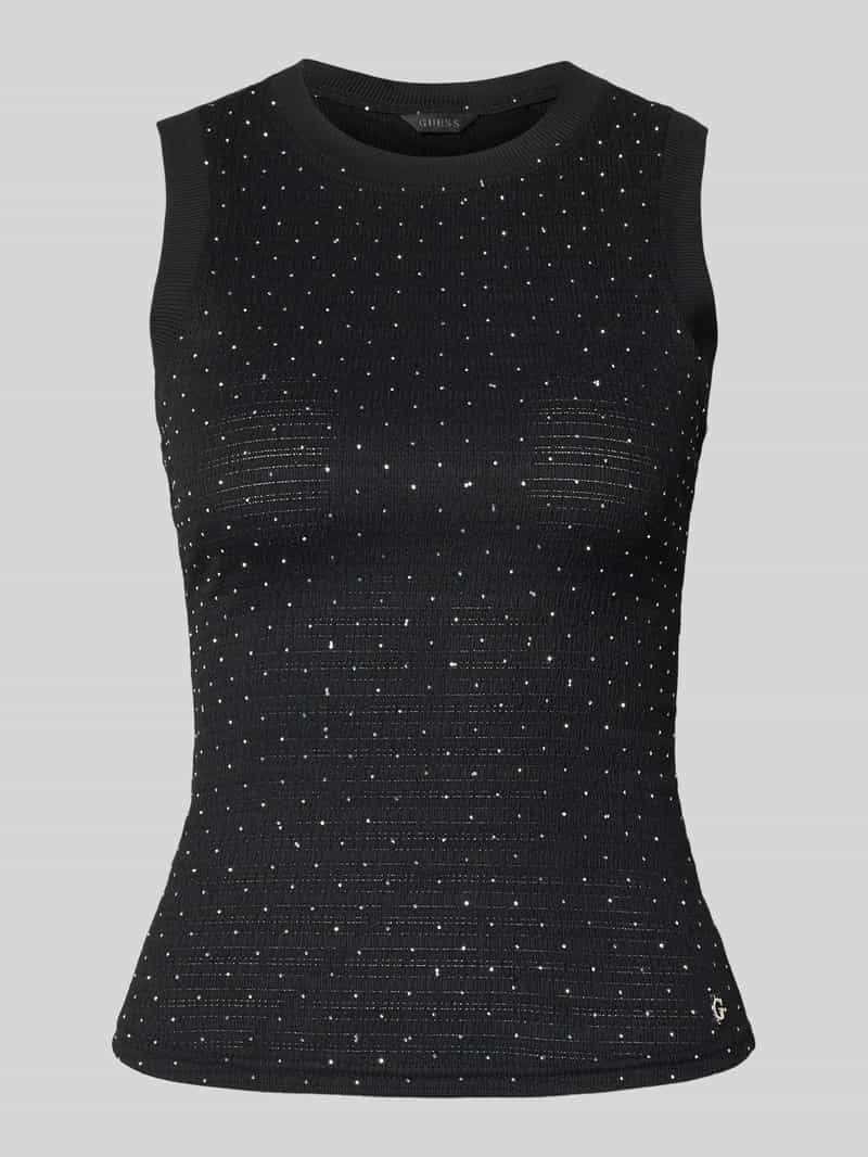 Top z obszyciem ozdobnymi kamieniami i okrągłym dekoltem