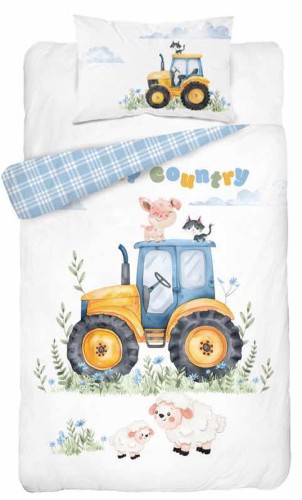 Pościel bawełniana 100x135 do łóżeczka traktorek niebieski