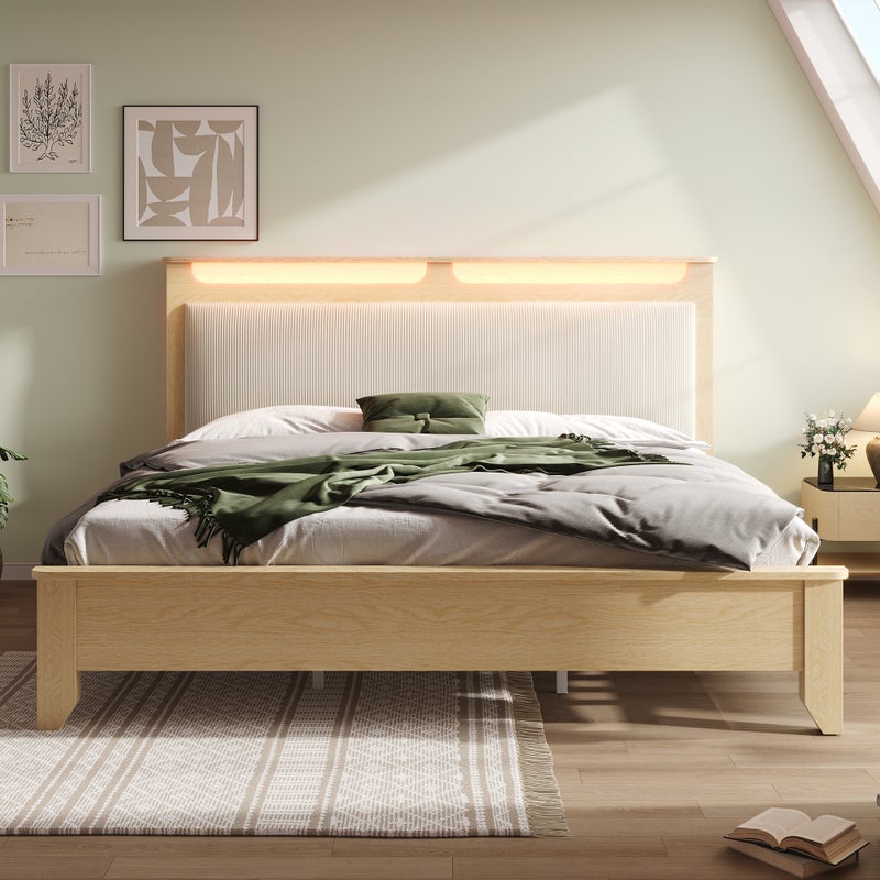 Łóżko podwójne drewniane 160×200cm, z schowkiem, oświetleniem LED i oparciem z beżowego aksamitu, kolor jasnego dębu.
