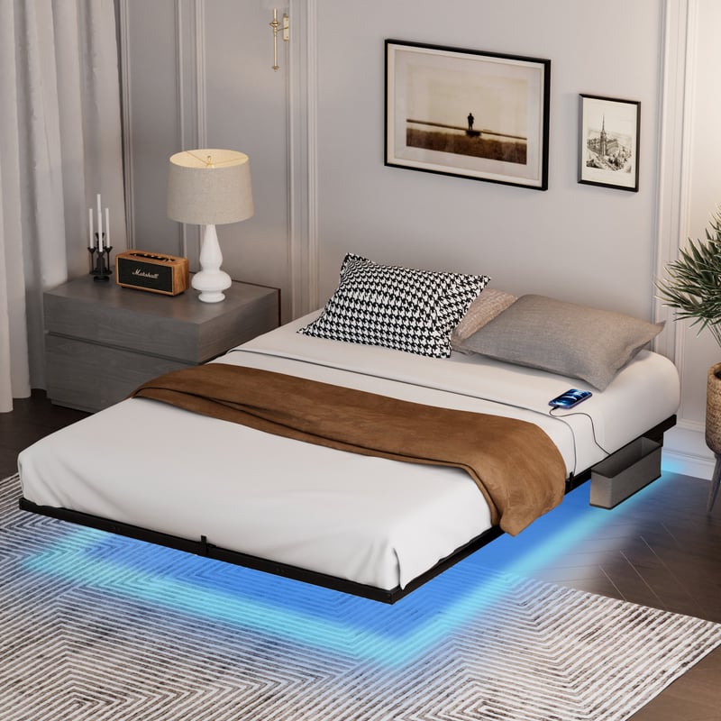 Łóżko metalowe 160 x 200 cm z oświetleniem LED, metalowym stelażem z listew, podświetlane, czarne