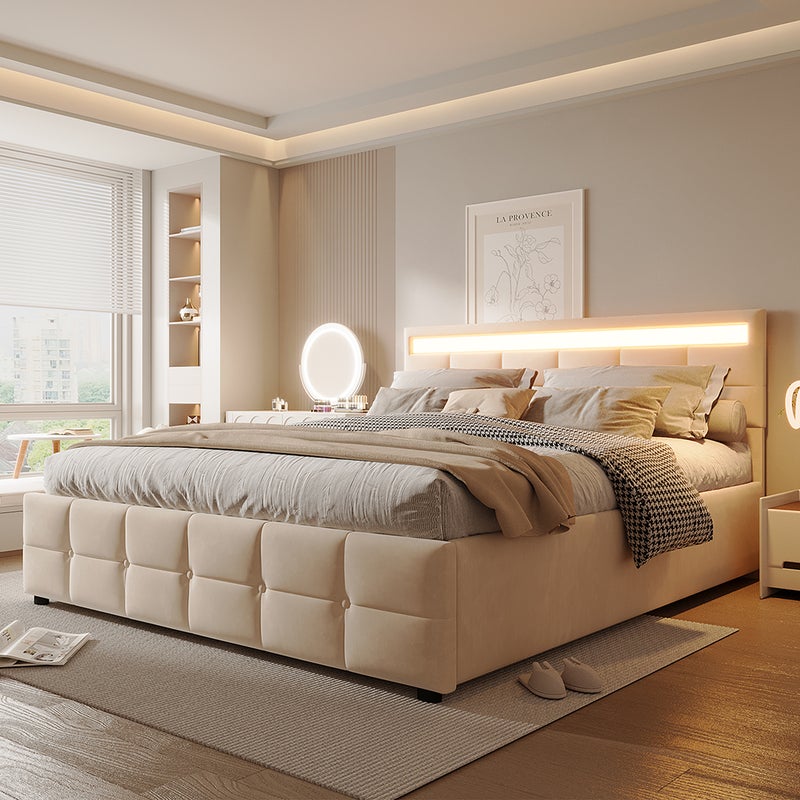 Łóżko tapicerowane 180*200 cm, oświetlenie LED, podstawa z listew, aksamitna tkanina, beżowy