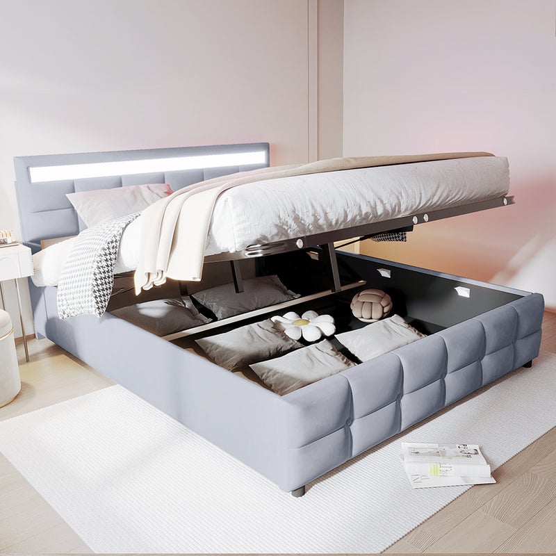 Łóżko podwójne 180*200 cm, oświetlenie LED, podstawa z listew, łóżko hydrauliczne, aksamitna tkanina, szary