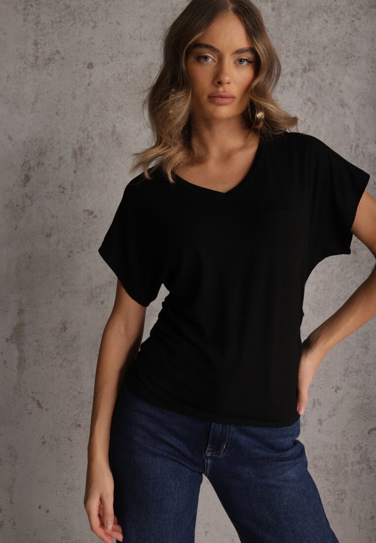 Czarny Wiskozowy T-shirt z Dekoltem V Eupharis