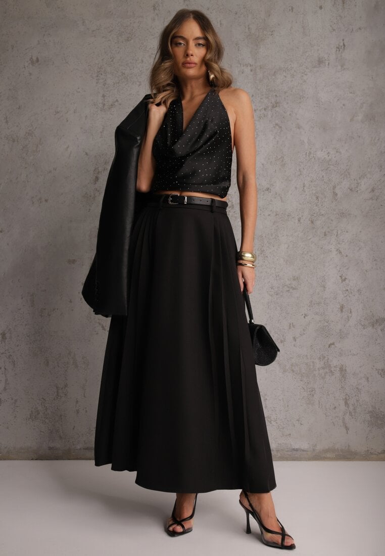 Czarna Rozkloszowana Spódnica z Wiskozy z Dodatkowym Paskiem z Klamrą Lowedina