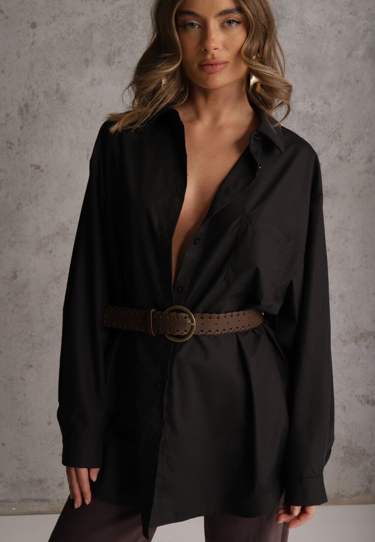 Czarna Bawełniano-Wiskozowa Koszula o Długim Kroju Oversize z Paskiem Tethys