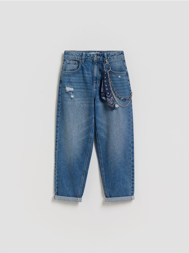 Reserved - Jeansy carrot z łańcuchem i bandaną - niebieski