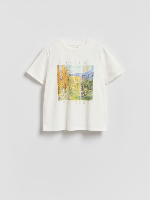 Reserved - T-shirt z nadrukiem - złamana biel