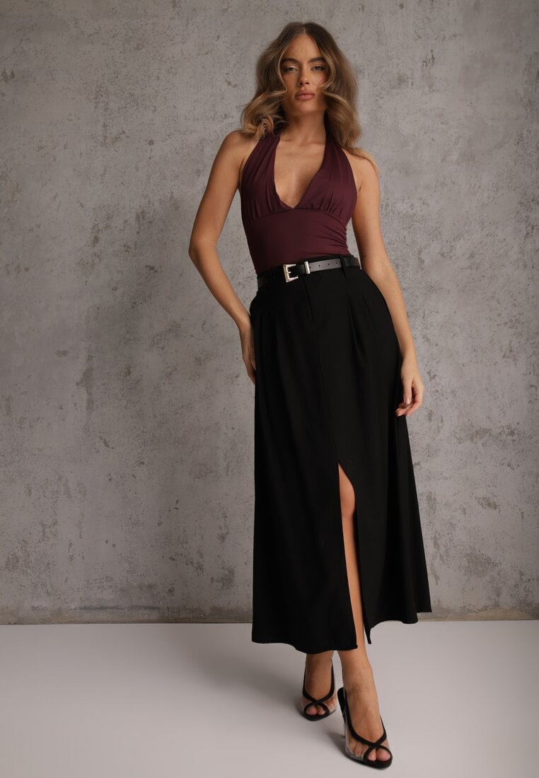 Czarna Rozkloszowana Spódnica z Wiskozy Zdobiona Rozcięciem i Paskiem Urilia