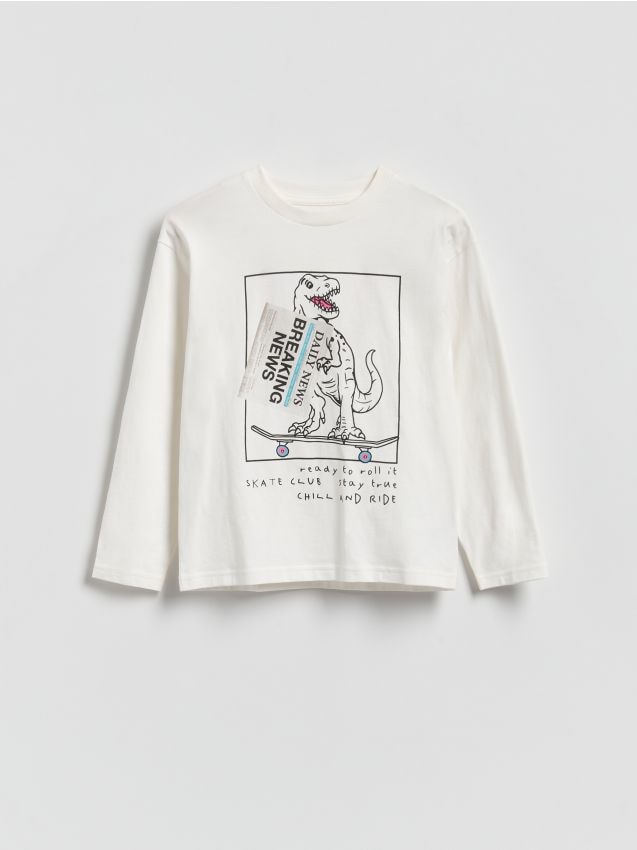 Reserved - Bawełniany longsleeve z nadrukiem - złamana biel