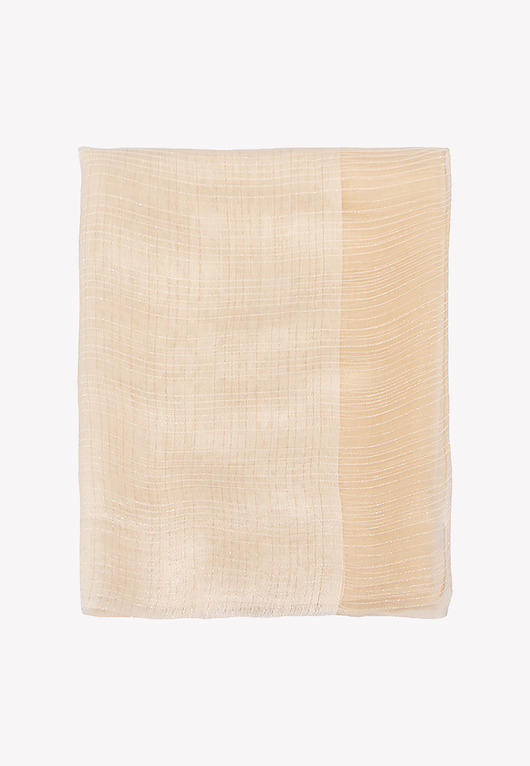 Szal wieczorowy jedwab z wełną beżowy z ozdobną złotą nitką 70x190 cm